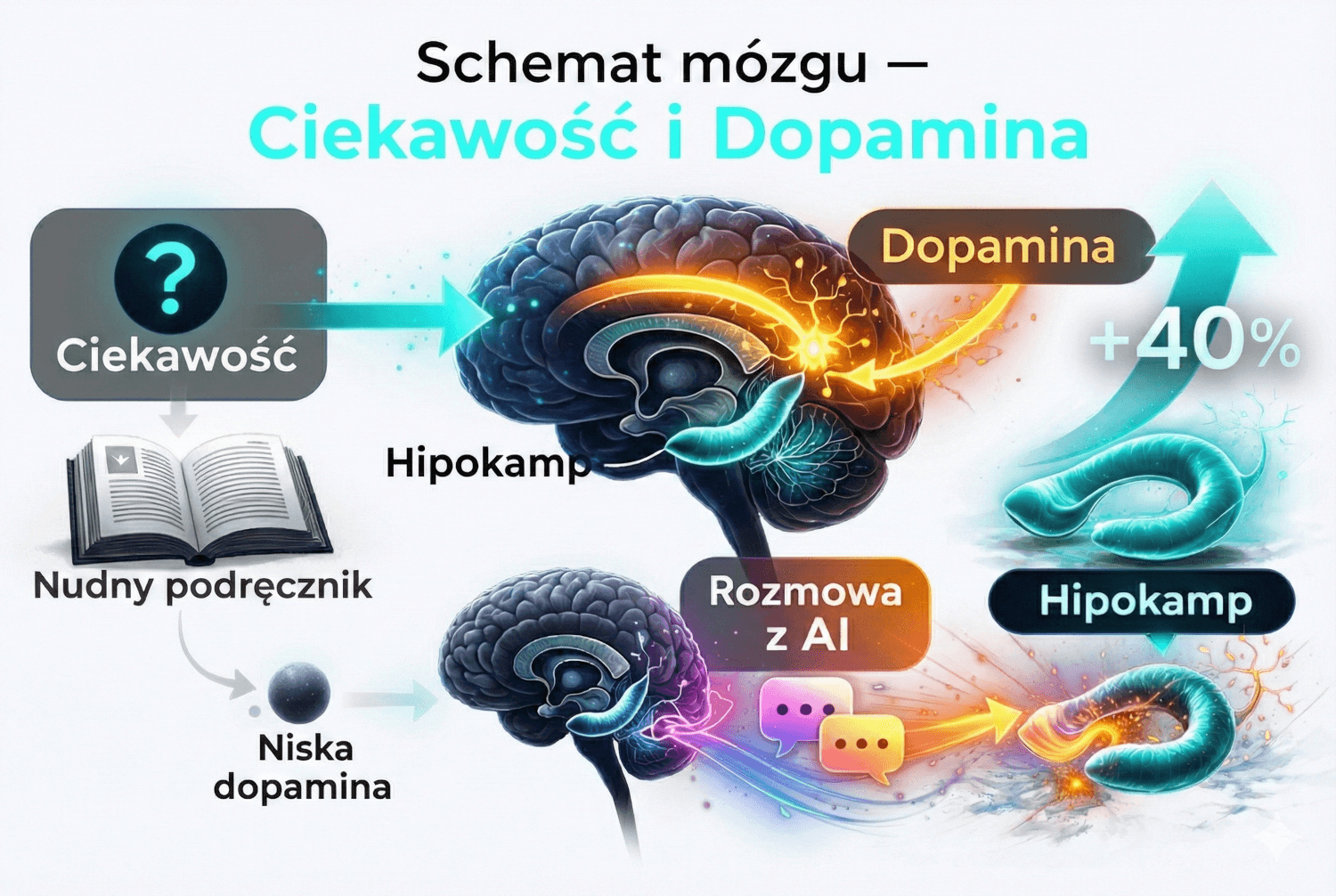 Schemat mózgu — ciekawość i dopamina w nauce z AI